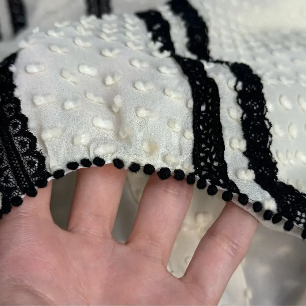 J.Crew Silk Blend Dot Texture Blouse Black Ivory Button Back Puff Sleeve SZ 8